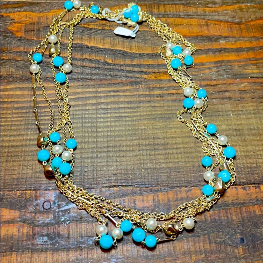 Blue and white beads necklace gold tone 27 long